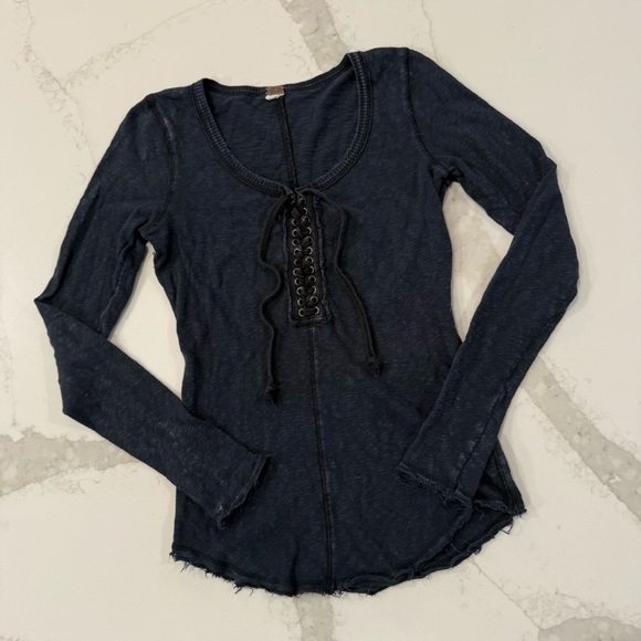 We The Free Tops - We The Free Lace Up Long Sleeve Distressed Layering Shirt Womens Small Navy Blue